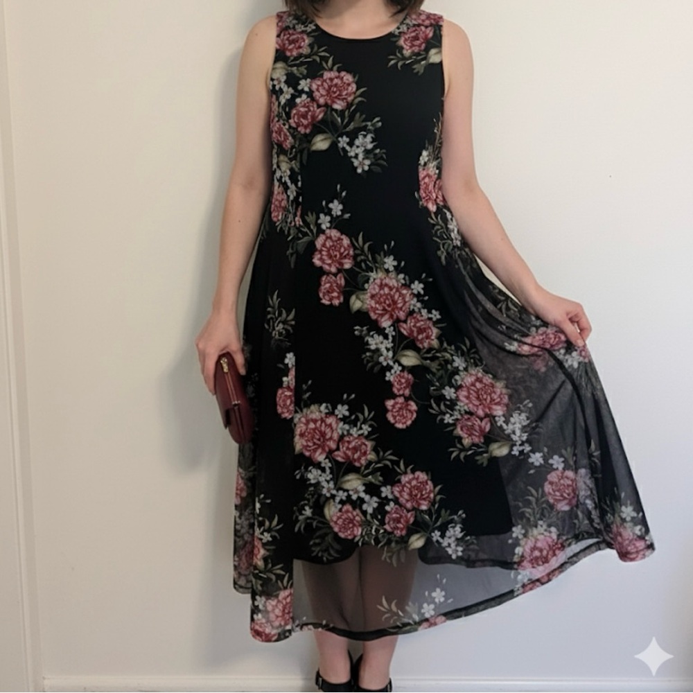 Torrid Floral Midi Dress Black Pink Roses Sleeveless Size 1 (14-16) | A-Line